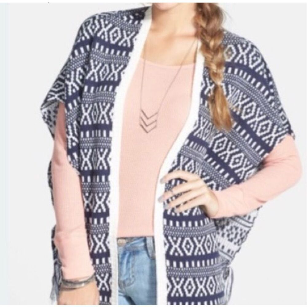 Womens Jacquard Fringed Sweater Poncho - Sz OS One Size
